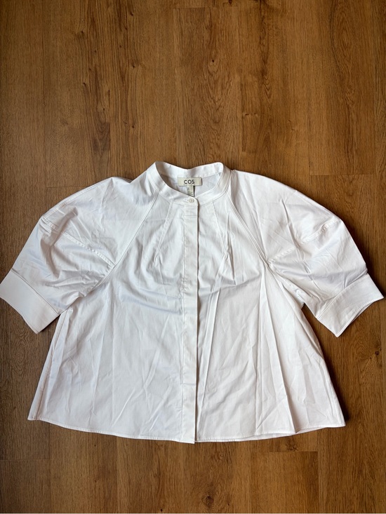 COS Tops - COS Puff Sleeve Blouse White Cotton Poplin Hidden Placket Band Collar US 8
